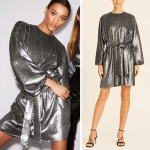 NWT Anine Bing Angie Sequin Belted Mini Dress Antique Silver Metallic Cocktail